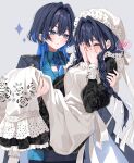  2girls absurdres apron black_dress black_hair blue_coat blue_eyes blue_hair blue_jacket blue_necktie blue_shirt blush braid carrying closed_eyes coat coat_on_shoulders collared_shirt colored_inner_hair commentary_request covering_own_face dress dual_persona ear_chain embroidered_dress frilled_apron frilled_hat frills grey_background hair_intakes hands_up hat highres hololive hololive_english jacket jellyfish_cut juliet_sleeves linked_piercing long_dress long_hair long_sleeves looking_at_another low_twin_braids maid maid_apron military_jacket military_uniform mob_cap mogu_(au1127) multicolored_hair multicolored_jacket multiple_girls necktie official_alternate_costume official_alternate_hairstyle ouro_kronii ouro_kronii_(4th_costume) ouro_kronii_(maid) piercing princess_carry puffy_sleeves selfcest shirt simple_background spoken_blush twin_braids two-tone_hair two-tone_jacket victorian_maid virtual_youtuber white_apron white_hat yuri 