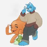 1:1 4_toes 5_fingers absurd_res alternate_form anthro anthrofied aquatic black_claws blue_body blue_fur bottomwear brown_eyes cartoon_network claws clothing darwin_watterson domestic_cat duo eyebrows feet felid feline felis feral feralized fin fingers fish footwear fur gesture gills green_clothing green_footwear green_shoes grey_bottomwear grey_clothing grey_pants grin grinning_at_viewer gumball_watterson hand_gesture hi_res jacket looking_at_viewer male mammal open_mouth orange_body oversized_clothing pants pawpads raised_eyebrows shoes smile smiling_at_viewer the_amazing_world_of_gumball toe_claws toes topwear unknown_artist v_sign