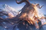  1girl animal_ears arknights artist_name black_gloves black_horns black_necktie blonde_hair coat commentary degenbrecher_(arknights) english_commentary from_side gloves goat_ears goat_girl goat_horns green_coat grin helen_zzhao horns long_hair looking_at_viewer mountain necktie orange_shirt portrait shirt sky smile solo 