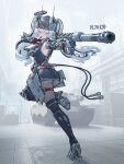  1girl absurdres aiming arm_armor armor armored_skirt armpit_crease ass black_gloves black_hair black_pantyhose black_streaks blue_eyes box breasts cannon caterpillar_tracks character_name chinese_commentary commentary_request cross crossed_bangs elbow_gloves finger_to_mouth floating_hair from_behind from_side full_body garage gloves gun hair_between_eyes halo hand_up headgear high_heels highres holding holding_cannon holding_gun holding_weapon huixing_chloy industrial_pipe iron_cross legs long_hair looking_at_viewer mecha_musume mechanical_boots mechanical_halo medium_breasts military_uniform military_vehicle monitor motor_vehicle multicolored_hair original outstretched_arm pantyhose parted_lips personification radio_antenna red_gloves rope shoe_soles shushing sideboob solo standing standing_on_one_leg streaked_hair tank tank_turret thighs turning_head twintails two-sided_gloves vehicle_and_personification very_long_hair weapon white_hair white_trim world_of_tanks 