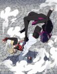  2boys black_jacket black_pants black_shirt black_shoes blonde_hair commentary_request corbeau_(pokemon) detached_sleeves eyewear_strap fighting highres ivor_(pokemon) jacket kicking long_hair long_sleeves looking_at_another male_focus multiple_boys necktie omothi_pkmn open_mouth outstretched_arm pants pokemon pokemon_legends:_z-a purple_hair purple_jacket shirt shoes short_hair smoke suit_jacket two-sided_fabric two-sided_jacket upside-down very_short_hair white_necktie white_pants 