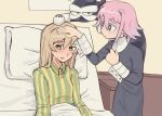  1girl 1other :d bed bed_sheet black_dress blanket blonde_hair blush breasts commentary crona_(soul_eater) dress english_commentary fever green_eyes hand_on_another's_head indoors long_sleeves lying maka_albarn mobpsychover on_bed open_mouth pajamas pillow pink_hair purple_eyes short_hair sitting small_breasts smile soul_eater under_covers 