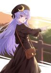  1girl absurdres alternate_costume bag brown_bag brown_dress brown_hat commentary_request contemporary crescent crescent_hat_ornament dress hat hat_ornament highres kspica_i long_hair looking_at_viewer open_mouth outdoors patchouli_knowledge pointing purple_eyes purple_hair shoulder_bag solo sunset touhou 