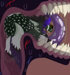 absurd_res anthro anthro_pred bodily_fluids devourer_(razor_koopa) dragon dripping fangs foam goo_creature goo_dragon goo_drip guts hi_res horn inside_stomach larger_anthro larger_male larger_pred male male_pred muscular muscular_anthro muscular_male mythological_creature mythological_scalie mythology organs purple_body purple_flesh purple_insides purple_internal red_eyes saliva saliva_drip saliva_string scalie sharp_teeth size_difference slime soft_vore spiked_tail spikes spikes_(anatomy) stomach stomach_acid tail teeth vore wet willing_pred