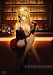  1girl absurdres alcohol bar_(place) bare_shoulders black_dress black_thighhighs blonde_hair breasts breasts_apart chair cocktail_dress commentary commission cup dress drinking_glass earrings english_commentary evelyn_chevalier high_heels highres holding holding_cup indoors jewelry large_breasts looking_at_viewer on_chair purple_eyes shon_(seanwave) short_hair sitting solo thighhighs wine_glass zenless_zone_zero 