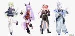  4girls ahoge aokumo_rin arm_warmers black_boots black_jacket black_shoes black_skirt blue_eyes blue_hair blue_streaks boots braid closed_mouth commentary_request cone_hair_bun double_bun fox_girl fox_tail full_body green_eyes green_hair grey_hair grey_pants hair_between_eyes hair_bun hanako_nana heterochromia highres jacket korean_commentary kuren_kren leg_warmers long_hair long_sleeves looking_at_viewer multicolored_hair multiple_girls official_art one_eye_closed open_clothes open_jacket pants parted_bangs parted_lips pink_hair purple_hair shoes short_hair short_sleeves simple_background skirt standing standing_on_one_leg stellive streaked_hair tail teeth tenko_shibuki twin_braids upper_teeth_only very_long_hair virtual_youtuber white_arm_warmers white_background white_jacket white_leg_warmers white_shoes yellow_eyes yuzuha_riko 