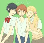  3girls :3 aldnoah.zero amifumi_inko black_hair blonde_hair blush bow bowtie clothes_around_waist embarrassed girl_sandwich green_background green_eyes grey_skirt hand_on_another's_arm heart jumpsuit jumpsuit_around_waist long_hair looking_at_another multiple_girls nina_klein non-web_source parted_bangs pink_eyes pink_scrunchie pleated_skirt purple_eyes rayet_areash red_bow red_bowtie red_hair robomi sandwiched school_uniform scrunchie shirt short_hair skirt smile sweater_vest teasing twintails white_shirt 