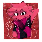  1boy ahoge arm_at_side arm_behind_head artist_logo bandana bandana_around_neck black_shirt colored_skin commentary cropped_arms cropped_torso english_commentary flipped_sidelocks fluffy_hair highres logo medium_hair original red_background red_bandana red_eyes red_hair red_skin red_vest rod_drawings shirt short_sleeves solo spiked_hair toon_(style) tsurime twitter_username upper_body vest 