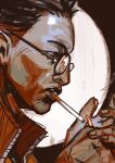  1boy disco_elysium from_side hair_slicked_back hands_up highres holding holding_lighter httpshayley7 kim_kitsuragi lighter male_focus painterly popped_collar portrait round_eyewear sideburns solo unlit_cigarette_in_mouth 