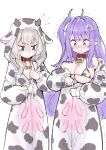  2girls absurdres ahoge animal_print bell bikini blonde_hair blue_eyes blush breast_envy breast_size_difference breasts cleavage collar commentary cow_print cow_print_bikini cowbell crescent crescent_hair_ornament eepy_sleepy eepy_sleepy_(sleepy_2.0) froq_art hair_ornament highres large_breasts long_hair looking_at_another looking_down marimari_(vtuber) multiple_girls phase_connect pointy_ears print_bikini purple_eyes purple_hair red_collar simple_background small_breasts star_(symbol) star_hair_ornament swimsuit trembling virtual_youtuber white_background 