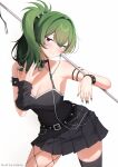  1girl arm_strap arm_warmers armlet armpits bare_shoulders belt black_choker black_dress blush bracelet breasts choker cleavage closed_mouth cowboy_shot dress fishnet_pantyhose fishnets green_hair green_nails hand_up highres jewelry keipup long_hair looking_at_viewer medium_breasts nail_polish pantyhose pleated_dress polearm purple_eyes side_ponytail simple_background single_thighhigh sleeveless sleeveless_dress smile solo sousou_no_frieren spiked_armlet spiked_bracelet spiked_hair_ornament spikes thighhighs ubel_(sousou_no_frieren) weapon white_background 