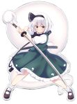  1girl absurdres black_bow black_bowtie black_hairband blue_eyes bow bowtie brown_shoes closed_mouth collared_shirt commentary_request frilled_skirt frills full_body green_skirt green_vest grey_hair hairband highres hitodama holding holding_sword holding_weapon katana kominato_haru konpaku_youmu konpaku_youmu_(ghost) looking_at_viewer mary_janes puffy_short_sleeves puffy_sleeves sheath sheathed shirt shoes short_sleeves simple_background skirt skirt_set socks solo sword sword_on_back touhou transparent_background vest weapon weapon_on_back white_shirt white_socks 
