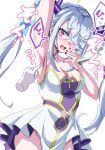  1girl 1other arm_up armpits blue_bow blush bow braid breasts cleavage commentary_request cowboy_shot cyclepedia_(duel_masters) disembodied_hand dragon_girl dragon_horns dress duel_masters gold_trim grey_hair hair_bow hair_on_horn hair_ornament hair_over_one_eye hairclip highres horns large_breasts long_hair multicolored_dress musan_(mu34mi) nail_polish off-shoulder_dress off_shoulder open_mouth pink_bow pink_eyes purple_dress purple_horns purple_nails shirt simple_background solo_focus sound_effects speech_bubble teeth tickling tickling_armpits translation_request twin_braids white_background white_dress white_shirt 