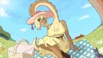 absurd_res alamosaurus anthro basket big_breasts blonde_hair breasts brown_body brown_scales cleavage clothed clothed_female clothing container dinosaur dress female fully_clothed fully_clothed_female hair hat headgear headwear hi_res long_neck looking_at_viewer macronarian meadow outside picnic_basket picnic_blanket prehistoric_species reptile saltasaurid saurischian sauropod sauropodomorph scales scalie smile solo straw_hat sundress titanosaurian yeik_art