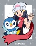  1girl :d anniversary beanie bird black_hair black_shirt blue_eyes commentary_request dawn_(pokemon) floating_scarf grey_eyes hair_ornament hairclip hat highres kuroi_susumu long_hair open_mouth penguin piplup poke_ball_print pokemon pokemon_(creature) pokemon_diamond/pearl/platinum poketch red_scarf scarf shirt sleeveless sleeveless_shirt smile sparkle watch waving white_hat white_shirt wristwatch 