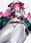  1girl absurdres aoi_wakashi_chiyo aqua_streaks arknights arknights:_endfield black_gloves breasts commentary cone_hair_bun crop_top dated_commentary detached_sleeves double_bun dragon_girl dragon_horns dragon_tail gloves green_eyes hair_bun hair_intakes hair_on_horn highres horns kneeling large_breasts long_hair looking_at_viewer looking_down midriff multicolored_hair navel open_mouth pants pink_sleeves see-through_clothes see-through_sleeves simple_background solo streaked_hair tail tight_clothes tight_pants twintails two-tone_hair white_background white_pants yvonne_(arknights) 
