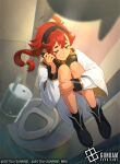  1girl ahoge aqua_eyes asticassia_school_uniform black_boots black_hairband boots cellphone commentary company_name copyright_logo copyright_name copyright_notice dark-skinned_female dark_skin floating_hair full_body gundam gundam_card_game gundam_suisei_no_majo hairband holding holding_phone logo long_hair long_sleeves low-tied_long_hair low_ponytail malo_(mlpmpmp) official_art phone ponytail red_hair school_uniform smartphone solo suletta_mercury talking_on_phone thick_eyebrows zero_gravity 