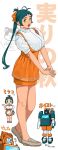  1girl absurdres alternate_costume anna_miller antenna_hair apron breasts chibi collared_shirt commentary_request dress_shirt employee_uniform full_body green_eyes green_hair grey_shoes highres irako_(kancolle) kantai_collection large_breasts long_hair multiple_views ojipon orange_apron orange_skirt ponytail robot shirt shoes skirt standing translation_request underbust waitress watermark white_shirt 