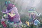  1boy 1girl alternate_costume animal black_pants black_sleeves book bud closed_mouth commentary_request day dress elbow_gloves flower forest frog from_below gloves grass green_dress green_eyes green_hat green_tunic grey_hair hand_on_headwear hand_up hat holding holding_book jose_(puyopuyo) long_hair looking_at_animal low-tied_long_hair mushroom_hat nature official_style outdoors pants perraulsa pimyuhuwa pink_flower purple_eyes purple_gloves purple_hair purple_hat puyopuyo puyopuyo_quest red_flower shirt smile squatting sunlight tunic turtle twitter_username white_shirt wide_sleeves 