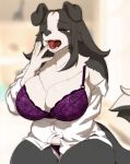 anthro big_breasts biped black_body black_fur black_nose bodily_fluids border_collie bra breasts canid canine canis chest_tuft clothed clothing collared_shirt collie colored countershade_tail countershading digital_media_(artwork) domestic_dog fangs female female_anthro floppy_ears fur herding_dog hi_res kissrabbit_s2 mammal multicolored_body multicolored_fur open_clothing open_mouth open_shirt open_topwear panties pastoral_dog sheepdog shirt shirt_down solo tail tears teeth thick_thighs tired topwear tuft two_tone_body two_tone_fur underwear white_body white_fur yawn