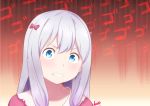  1girl angry blue_eyes bow clenched_teeth commentary_request eromanga_sensei frown grey_hair highres izumi_sagiri long_hair looking_at_viewer menacing_(jojo) moemaru pink_bow red_background solo sound_effects teeth v-shaped_eyebrows 