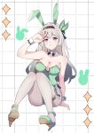  1girl absurdres animal_ears arm_behind_back armpit_crease bare_arms bare_shoulders black_ribbon blue_bow blue_eyes blush bow breasts brooch cleavage collar collarbone commentary detached_collar erushira fake_animal_ears firefly_(honkai:_star_rail) green_leotard green_shoes grey_hair grey_pantyhose grid_background hair_between_eyes hair_ornament hair_ribbon hairband high_heels highres honkai:_star_rail honkai_(series) jewelry legband leotard long_hair medium_breasts multicolored_eyes multicolored_hairband pantyhose pink_eyes playboy_bunny rabbit_ears rabbit_tail ribbon shoes simple_background sitting solo star_(symbol) strapless strapless_leotard tail untranslatable_commentary white_collar white_wrist_cuffs wing_hair_ornament wrist_cuffs 