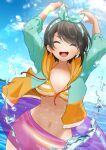  1girl :d ^_^ absurdres arms_up bikini black_hair blue_hairband blue_sky blush breasts cleavage closed_eyes cloud collarbone commentary_request cowboy_shot day drawstring facing_viewer hairband halterneck highres hololive hood hooded_jacket horizon innertube jacket medium_breasts navel ocean official_alternate_costume oozora_subaru oozora_subaru_(hololive_summer_2019) open_clothes open_jacket open_mouth orange_bikini outdoors polka_dot_hairband refisa short_hair sky smile solo splashing standing stomach striped_bikini striped_clothes swept_bangs swim_ring swimsuit triangle_bikini_top virtual_youtuber water water_drop 