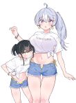  2girls @_@ absurdres artist_name bikini bikini_bottom_under_shorts bikini_under_clothes black_hair blue_shorts blush bracelet breasts clothes_writing commentary cowboy_shot denim denim_shorts earrings flower_earrings grabbing_another's_breast grey_eyes grey_hair groping hair_ornament hand_on_own_hip highres hiwamura_hiyori jewelry kamio_fukuchi large_breasts long_hair looking_at_viewer matching_outfits midriff multiple_girls navel open_fly parted_lips ponytail purple_eyes shirt short_shorts shorts side-tie_bikini_bottom simple_background swimsuit tied_shirt untranslatable_commentary white_background white_shirt yellow_bikini yowa_yowa_sensei yukishita_yuki 