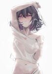  1girl absurdres arm_up breasts brown_hair commentary highres himemiya_rie looking_at_viewer makeup medium_breasts multicolored_hair navel phase_connect pink_eyes pink_hair pupi_(rain_prophet) runny_makeup see-through_clothes see-through_shirt shirt short_hair simple_background solo streaked_hair virtual_youtuber white_shirt 
