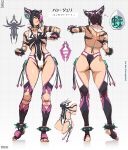  1girl anklet baggy_pants bilingual_commentary black_hair bracelet breasts character_name choker collar commentary_request concept_art diagonal_bangs english_commentary facing_away facing_viewer fingerless_gloves full_body gloves hair_horns han_juri highres jewelry logo mixed-language_commentary multicolored_hair nail_polish open_clothes open_pajamas pajamas pants purple_eyes reference_sheet smile solarsel_jump spiked_anklet spiked_bracelet spiked_choker spiked_collar spikes streaked_hair street_fighter toeless_legwear translation_request 