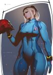  1girl absurdres artist_name assault_visor blonde_hair blue_bodysuit blue_eyes bodysuit breasts commentary commission covered_navel dated english_commentary green_assault_visor hair_between_eyes helmet highres holding holding_unworn_helmet long_sleeves looking_at_object metroid mole mole_under_mouth monster_wolf ponytail red_helmet samus_aran skin_tight solo standing twitter_logo twitter_username unworn_headwear unworn_helmet zero_suit 