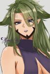  1girl artist_name bare_shoulders blue_eyes breasts commentary fairy_tail green_hair highres kyouka_(fairy_tail) large_breasts long_hair looking_at_viewer moonstosky parted_lips pointy_ears solo 