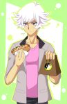  1boy absurdres bag black_pants blue_eyes bread caro-xy closed_mouth commentary english_commentary expressionless food grey_jacket hair_between_eyes highres holding hot_dog jacket ketchup kogami_ryoken looking_at_food male_focus mayonnaise pants paper_bag pink_shirt sausage shirt short_hair simple_background solo standing white_hair yu-gi-oh! yu-gi-oh!_vrains 