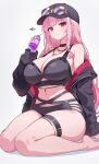  1girl absurdres artist_name bare_shoulders barefoot belt bikini black_belt black_bikini black_choker black_hat black_jacket blush bottle breasts choker cleavage closed_mouth commentary drinking_straw english_commentary eyewear_on_headwear fingernails hat highres holding holding_bottle hololive hololive_dreams hololive_english huge_breasts jacket jewelry large_breasts long_hair long_sleeves looking_at_viewer mori_calliope mori_calliope_(beach_reaper's_strike) nail_polish navel necklace o-rindou5100 pink_eyes pink_hair pink_nails simple_background sitting skull_necklace solo stomach sunglasses sweatdrop swimsuit thigh_belt thigh_strap thighlet thighs virtual_youtuber wariza white_background wince yellow-framed_eyewear 
