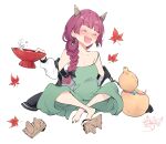  1girl absurdres bare_shoulders birthday black_jacket black_nails bocchi_the_rock! commentary_request crossed_legs cube_hair_ornament cup demon_horns full_body geta gourd green_jacket hair_ornament hanafuda happy_birthday highres hiroi_kikuri holding holding_cup horns indian_style jacket jacket_partially_removed leaf light_blush maple_leaf multicolored_jacket nail_polish oni open_mouth red_leaf sakazuki sharp_teeth shoes signature sitting smile teeth toenail_polish toenails tsukioka808eita two-tone_jacket unworn_shoes white_background white_jacket 
