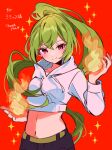  1girl belt black_pants borrowed_character breasts closed_mouth commission commissioner_name cowboy_shot cropped_hoodie crossed_bangs double-parted_bangs drawstring fire flaming_hand floating_hair green_belt green_hair halftone hand_up high_ponytail highres hood hood_down hoodie light_blush light_smile long_hair long_sleeves looking_at_viewer midriff navel original pants pink_eyes ponytail pyrokinesis red_background sanamaru_(sana79261827) saturated_background second-party_source skeb_commission small_breasts solo sparkle split_mouth standing thank_you very_long_hair white_hoodie 