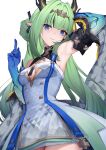  1girl arknights arknights:_endfield arm_behind_head arm_up armpits blue_eyes blue_trim blunt_bangs breasts closed_mouth colored_extremities commentary detached_sleeves dragon_girl dragon_horns dragon_tail dress gold_headband green_hair hair_intakes hand_up head_tilt highres horns long_hair looking_at_viewer pak_ce pointy_ears presenting_own_armpit si_(arknights) sidelocks simple_background small_breasts solo standing tail thighs triangle unzipped very_long_hair white_background white_dress 