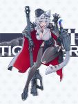  1girl :3 absurdres animal_ear_fluff animal_ears armor armored_boots between_breasts black_cape black_hat black_skirt blue_eyes blush boots breasts cannon cape character_name chinese_commentary claw_pose cleavage clothes_between_thighs collarbone commentary_request cross elbow_gloves exhaust_pipe fangs full_body gloves gun hand_up hat headgear heavy_machine_gun highres holding holding_cannon holding_weapon huixing_chloy iron_cross large_breasts legs looking_at_viewer lower_teeth_only machine_gun mecha_musume mechanical_gloves medal military_vehicle miniskirt motor_vehicle original pelvic_curtain personification pleated_skirt red_trim simple_background skirt smile solo standing standing_on_one_leg tail tank teeth thighhighs thighs tiger_ears tiger_girl tiger_ii tiger_tail torn_clothes torn_thighhighs two-sided_cape two-sided_fabric weapon white_background white_hair world_of_tanks 