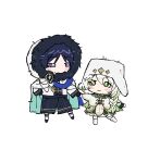  1boy 1girl aqua_cape aqua_gem arms_at_sides ball_hands black_gloves black_hair black_shorts blue_scarf blunt_ends blush braid braid_over_shoulder cape capelet chibi chibi_only closed_mouth commentary_request cross-shaped_pupils dress eyeliner feathers fur-trimmed_hood fur_trim gem genshin_impact gloves gold_trim green_cape green_dress green_eyes green_hair green_pupils hair_between_eyes hat height_difference highres holding_hands hood hood_up hooded_cape korean_commentary long_hair long_sleeves looking_at_another low-braided_long_hair low-tied_long_hair makeup mmitteog multicolored_hair nahida_(genshin_impact) nahida_(nord_express)_(genshin_impact) official_alternate_costume official_alternate_hairstyle pom_pom_(clothes) purple_eyes red_eyeliner scaramouche_(genshin_impact) scarf shirt shorts smile socks streaked_hair symbol-shaped_pupils tsurime two-sided_cape two-sided_fabric ushanka wanderer_(genshin_impact) wanderer_(nord_express)_(genshin_impact) white_background white_cape white_capelet white_gloves white_hair white_hat white_hood white_shirt white_sleeves white_socks winter_clothes wispy_bangs yellow_feathers 
