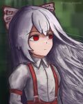  1girl absurdres bow dark_background exhausted fujiwara_no_mokou green_background hair_bow highres konya_kuuyuki long_hair looking_to_the_side sad shirt solo touhou white_shirt 