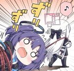  2girls black_bow black_jacket black_shoes black_skirt black_thighhighs blue_archive blue_necktie blush bound bow breasts chibi commentary_request dragging eighth_note emphasis_lines flying_sweatdrops hair_bow halftone halftone_background halo jacket kei_(blue_archive) long_hair medium_breasts multiple_girls musical_note necktie o_o open_mouth pleated_skirt purple_hair rioshi shadow shirt shoe_soles shoes skirt spoken_musical_note thighhighs tied_up_(nonsexual) translation_request very_long_hair walking white_hair white_jacket white_shirt yuuka_(blue_archive) 
