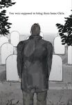  1boy black_coat broad_shoulders brown_hair chris_redfield coat english_text feet_out_of_frame graveyard highres kekflo4 male_focus outdoors resident_evil resident_evil_village short_hair solo tree 
