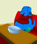 5:6 absurd_res anthro belly big_belly blue's_clues blue_(blue's_clues) breasts califa_noir canid canine canis clothing deep_navel diner domestic_dog hand_on_belly hi_res huge_belly kinktober kinktober_2026 lillysinge mammal navel nickelodeon overstuffed restaurant sitting tight_clothing weight_gain