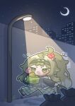  1girl bag blush_stickers burger caesar_(trickcal) commentary_request crescent_moon eating food food_on_face full_body green_eyes green_hair grey_hoodie hairband highres holding holding_bag hood hood_down hoodie jitome korean_commentary lamppost long_hair monyami moon night open_mouth outdoors outline sky solo star_(sky) starry_sky trickcal v-shaped_eyebrows very_long_hair walking white_outline 