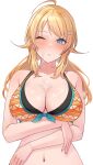  1girl ahoge bikini blonde_hair blue_eyes breasts closed_mouth commentary_request cum cum_on_body cum_on_breasts facial hachimiya_meguru hair_ornament hairclip highres idolmaster idolmaster_shiny_colors medium_breasts namagaki_namero navel one_eye_closed orange_bikini partial_commentary simple_background solo swimsuit twintails upper_body white_background 