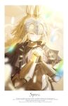  1girl about_fg absurdres armor black_dress blonde_hair blush braid breastplate closed_eyes closed_mouth commentary crown dress fate/grand_order fate_(series) french_text gauntlets grand_servant_(fate/grand_order) highres jeanne_d'arc_(fate) jeanne_d'arc_(ruler)_(fate) long_hair own_hands_clasped own_hands_together smile solo translation_request very_long_braid very_long_hair 