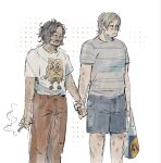  2boys bag black_hair blonde_hair cameo character_print cigarette highres holding holding_bag holding_cigarette holding_hands kekflo4 leon_s._kennedy lidl looking_to_the_side luis_sera multiple_boys print_shirt resident_evil resident_evil_4 shirt short_hair shorts sleepy smoke smoke_trail spongebob_squarepants spongebob_squarepants_(series) striped_clothes striped_shirt tan 