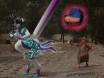 4:3 anal anal_vore blue_body blue_fur bluebow_(character) canid canine canis cloak clothing domestic_dog forest fur green_body green_fur hat headgear headwear hi_res internal kobold magic magic_user mammal outside plant purple_accents red_body red_scales scales scalie tree unaware_vore unwilling_pred unwilling_prey vore voriswolf waggan white_body white_fur wizard_hat