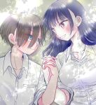  1boy black_hair blue_eyes boku_no_kokoro_no_yabai_yatsu breasts brown_eyes brown_hair collared_shirt commentary_request couple day hair_between_eyes hetero highres holding_hands ichikawa_kyoutarou looking_at_viewer mole mole_on_neck multiple_moles outdoors ringed_eyes shirt takoda_u white_shirt 