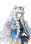  1girl animal_ear_fluff animal_ears arknights artist_name black_dress blue_cloak braid cloak closed_mouth dress grey_eyes grey_hair hair_between_eyes highres jewelry long_hair long_sleeves looking_at_viewer necklace pramanix_(arknights) pramanix_the_prerita_(arknights) qsy_livressen7 simple_background snow_leopard_ears snow_leopard_girl solo tiara twin_braids upper_body very_long_hair white_background 